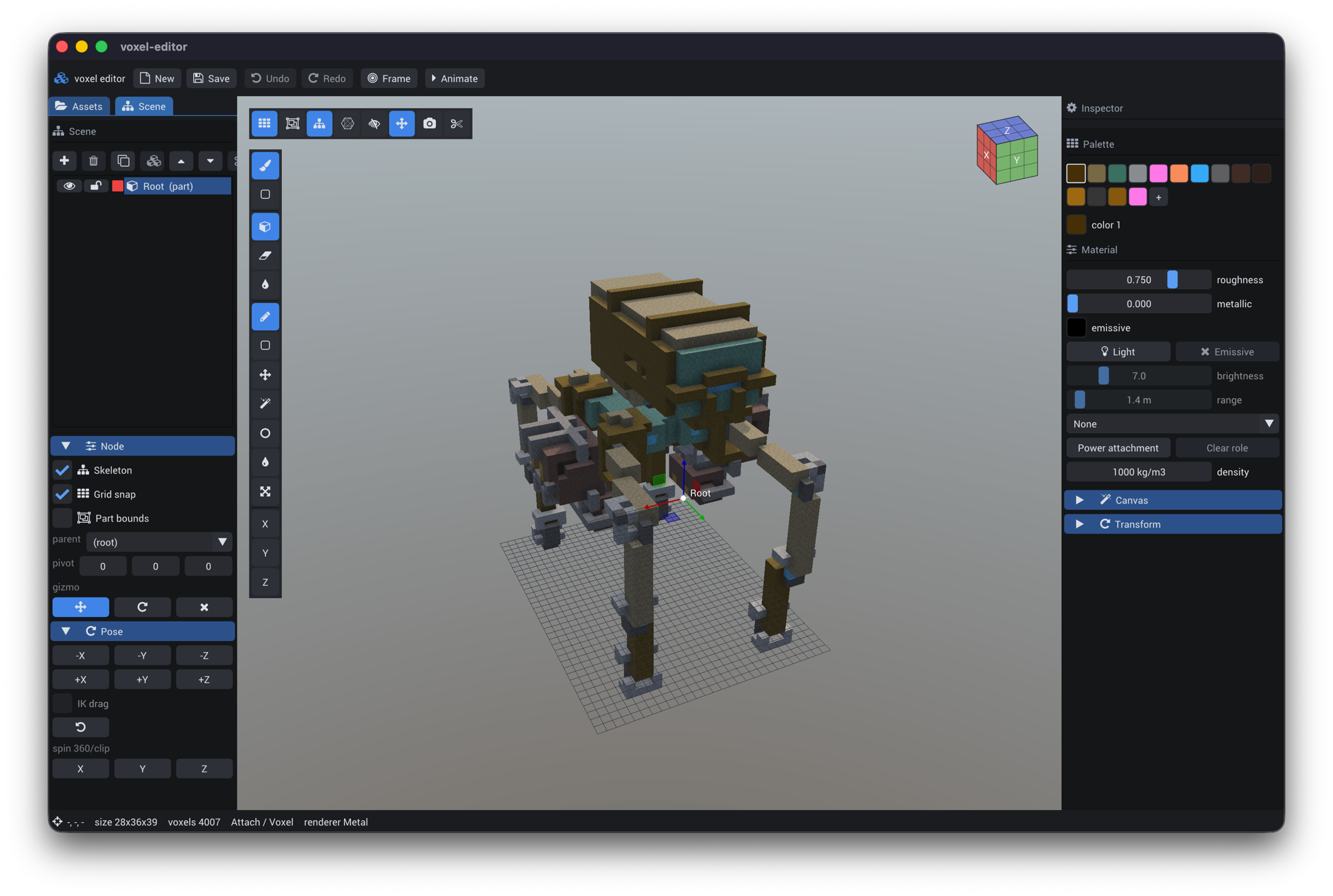 The voxel editor with a four-legged walker model selected mid-edit