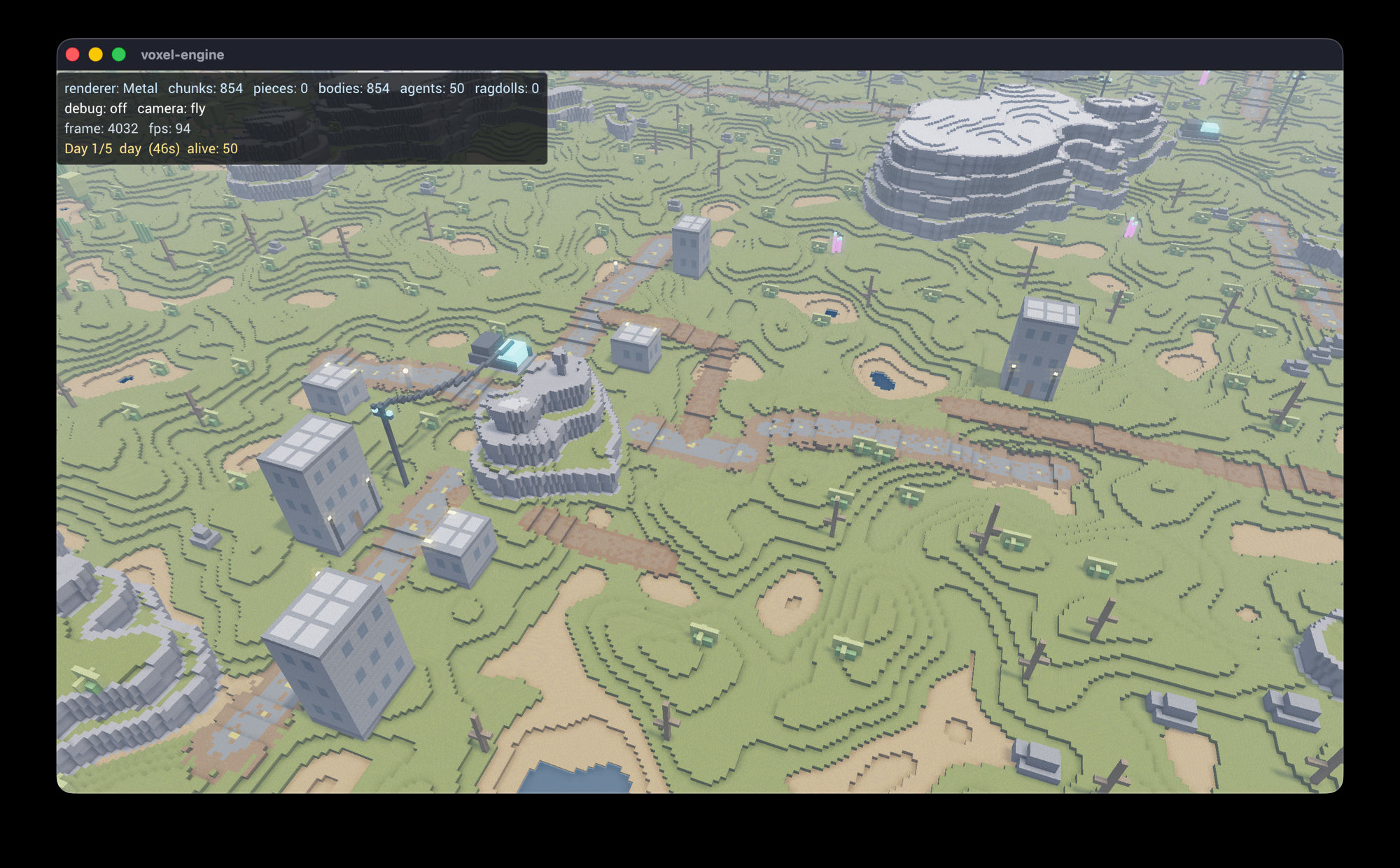 Wide shot of the voxel world — green rolling hills, dirt roads, scattered buildings and powerlines